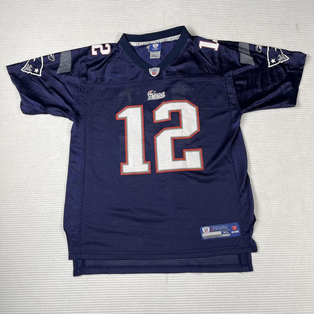 New England Patriots Jersey Youth XL Blue NFL Football Reebok Tom Brady 12